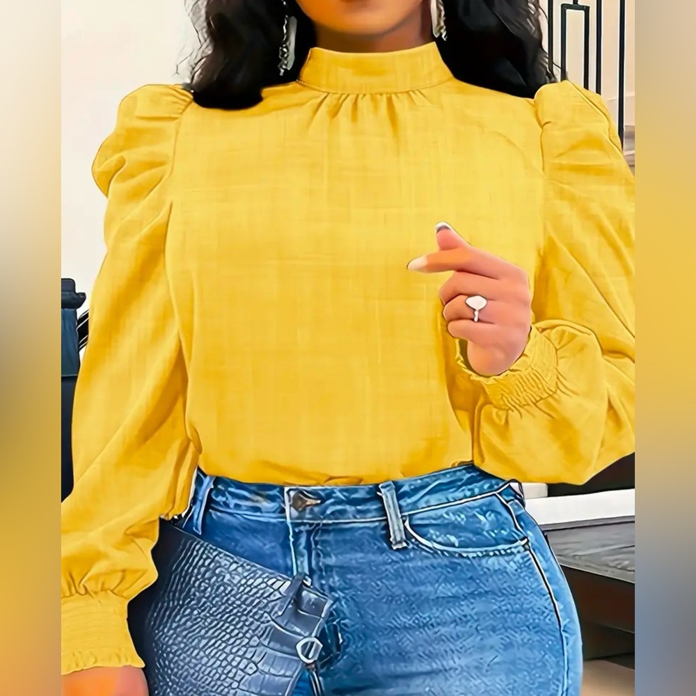Elegant Puff Long Sleeve Blouse with Stand Collar  & Tie Back